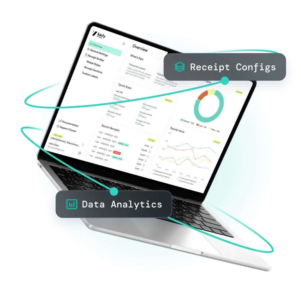 An open laptop with a digital receipt by fiskaly dashboard on it, with analytical graphs and dashboard data overview