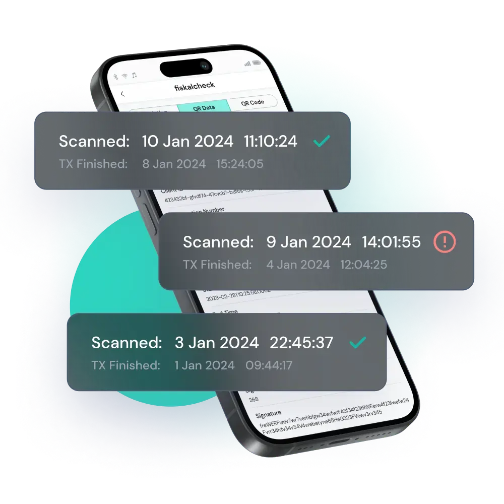 Cell-phone with fiskalcheck validation report on screen which simplifies compliance checks and receipts validation